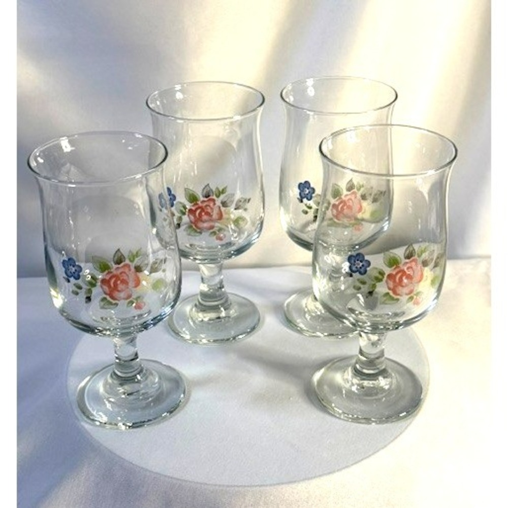 Set of 4 Floral Stemmed Wine Glasses‎ 6.5" Cottage Vintage Style Goblets